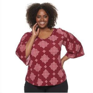 Evri Smocked Bell Sleeve Bohemian Print Top Romantic Maroon Red Plus Size 2X